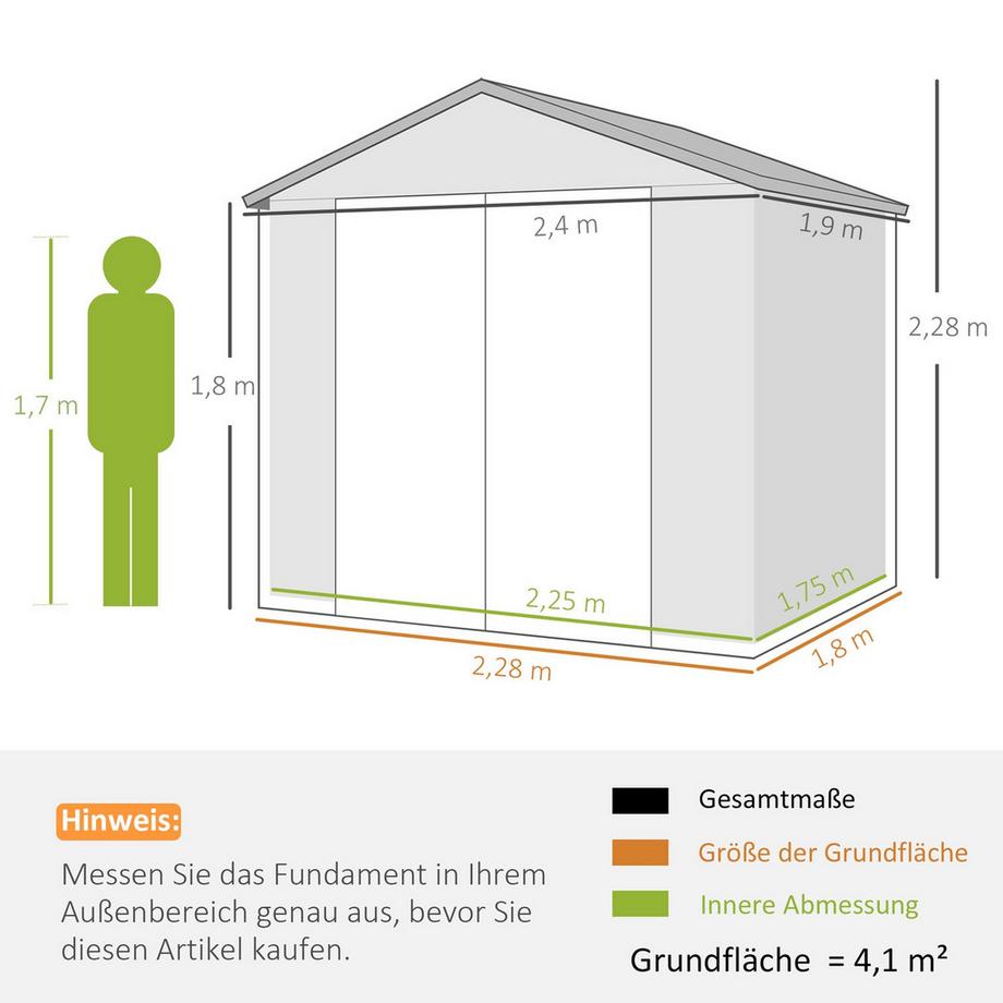Northio Gerätehaus 4,1m³, Gartenhaus mit Pultdach, 240 x 190 x 180/228 cm, Geräteschuppen mit Abschließbar Tür, Fenster, Fahrradgarage, Gartenschrank aus Aluminium, für Hinterhof, Garten, Grau  