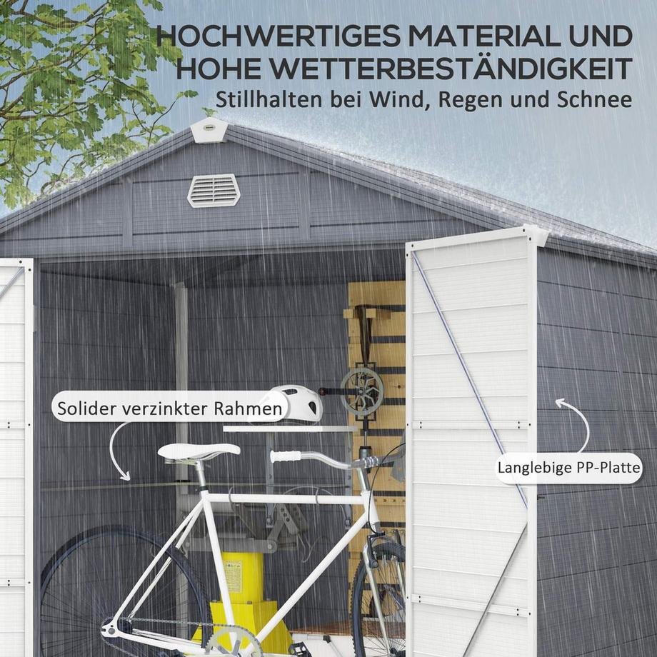Northio Gerätehaus 4,1m³, Gartenhaus mit Pultdach, 240 x 190 x 180/228 cm, Geräteschuppen mit Abschließbar Tür, Fenster, Fahrradgarage, Gartenschrank aus Aluminium, für Hinterhof, Garten, Grau  