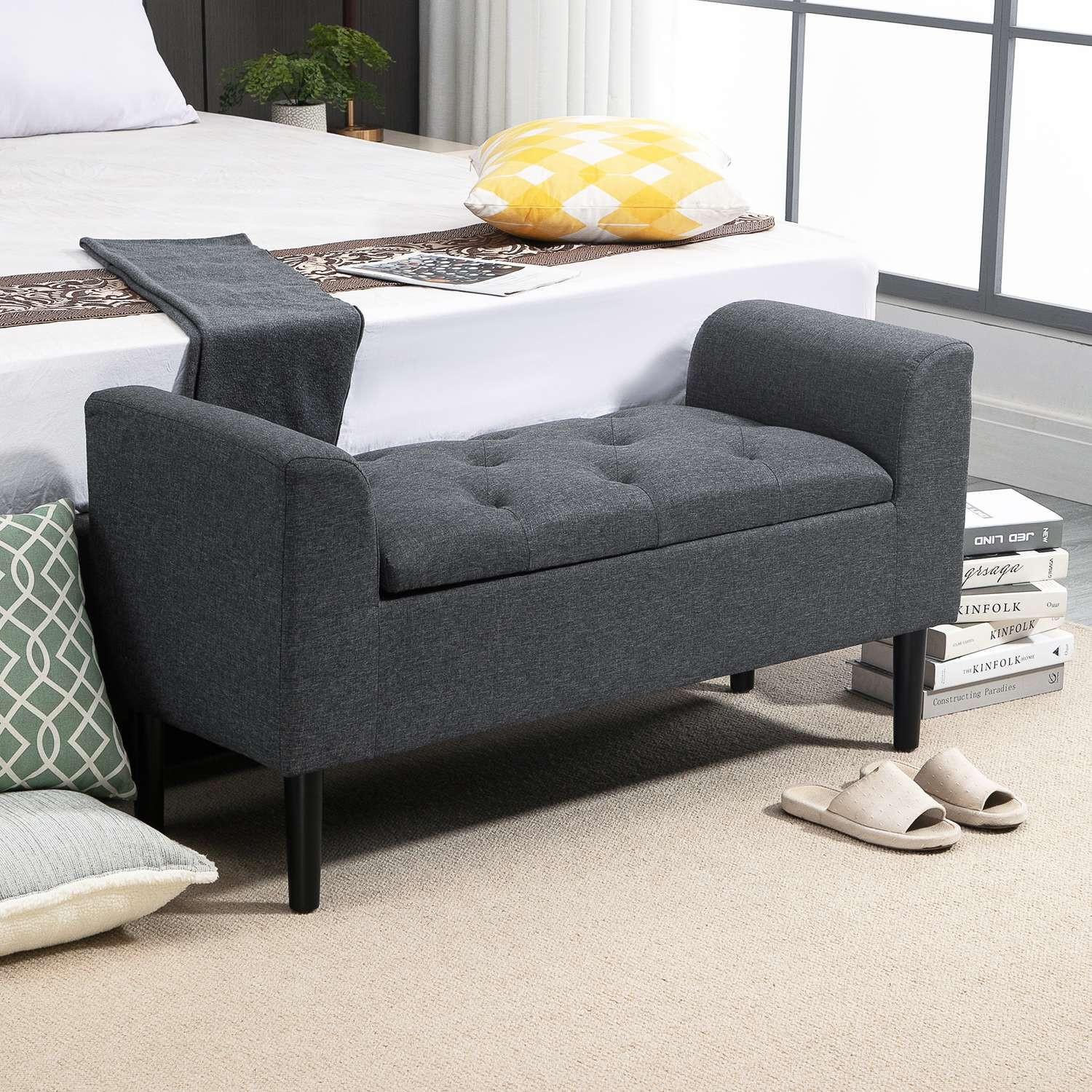 Northio Panca Con Vano Portaoggetti, Panca Imbottita, Sgabello, Cassapanca, Portata Fino A 130 Kg, Tocco Di Lino, Legno Di Caucciù, Grigio Scuro, 116 X 44 X 58 Cm  