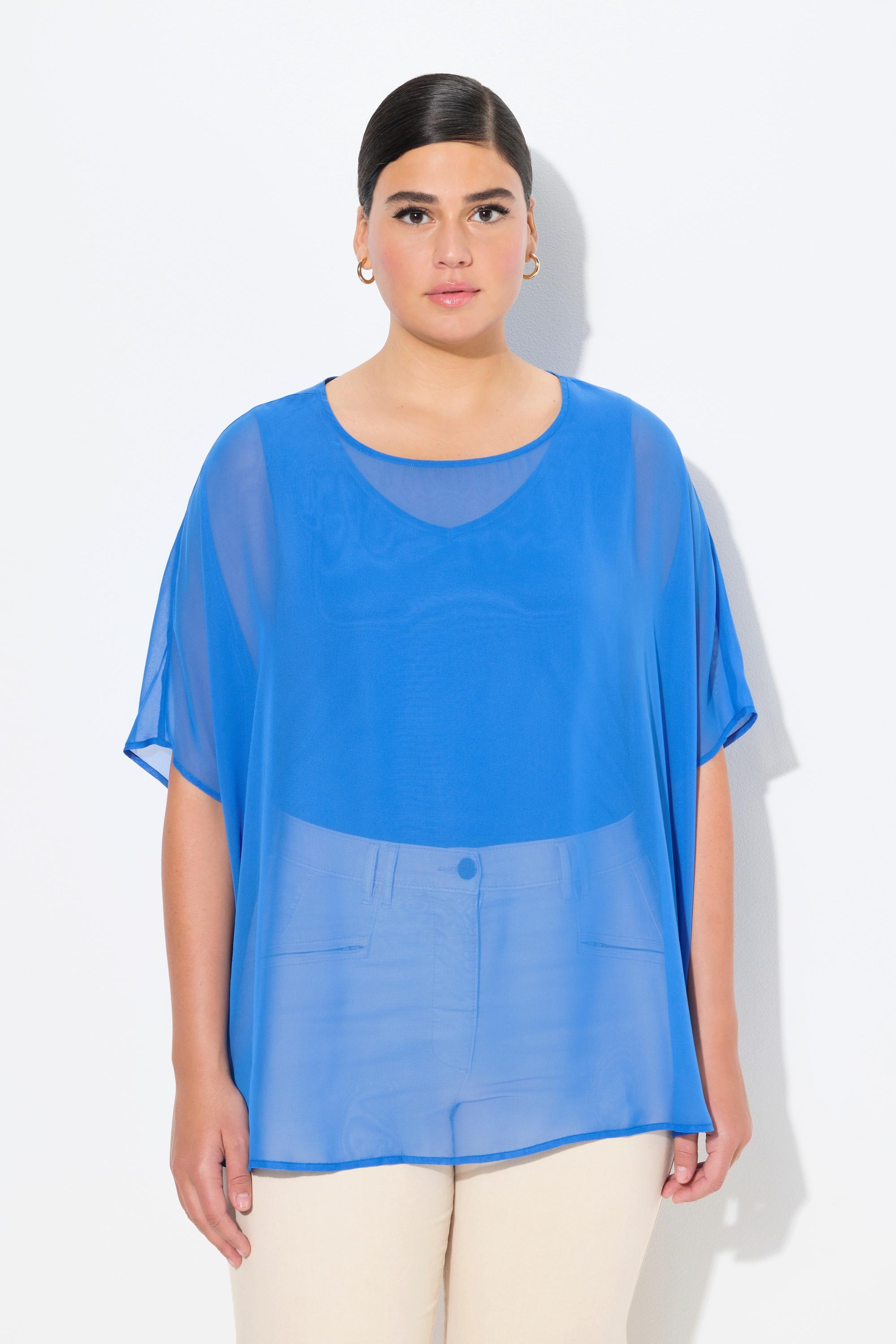 Ulla Popken  Blusa di chiffon dal taglio oversize con scollo rotondo e mezze maniche 