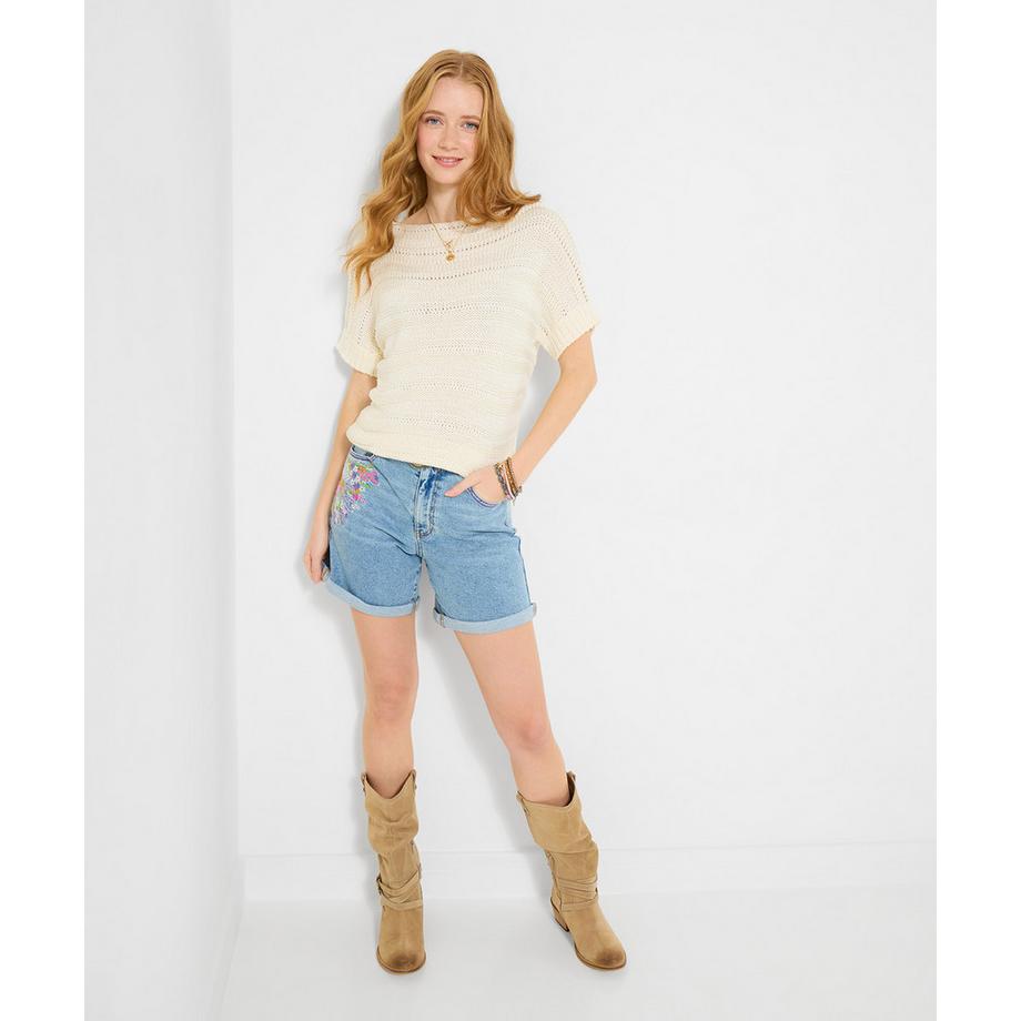 Stonewashed-Shorts mit Blumenstickerei