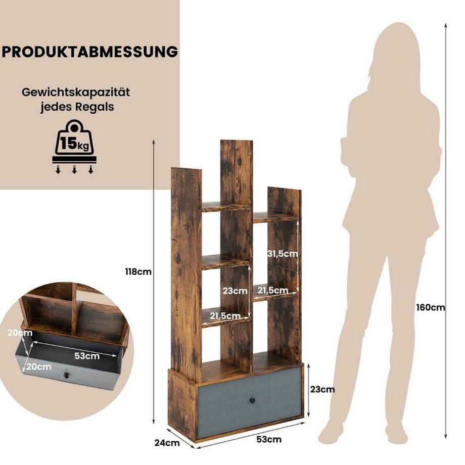 Northix Offenes Bücherregal mit 7 Ebenen und Schublade  