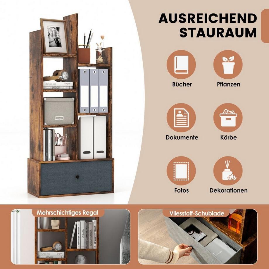 Offenes Bücherregal mit 7 Ebenen und Schublade