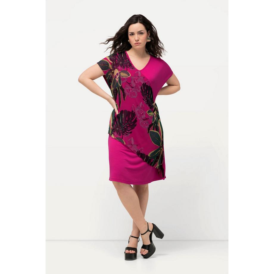 Ulla Popken Jersey Chiffon Blüten V-Ausschnitt Halbarm Kleid  