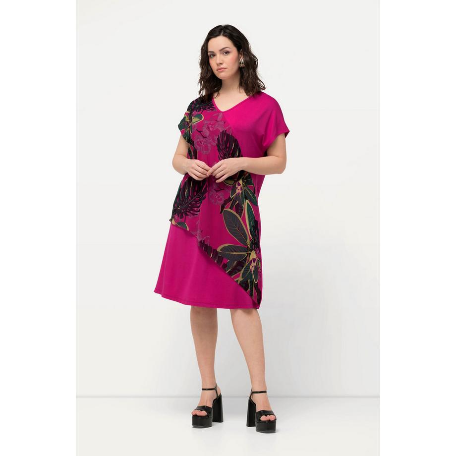 Ulla Popken Jersey Chiffon Blüten V-Ausschnitt Halbarm Kleid  