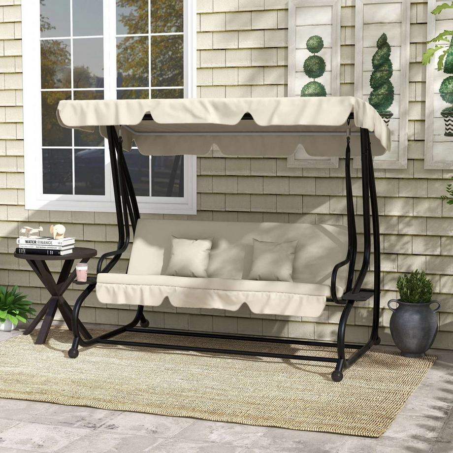 Northio Altalena Hollywood con funzione reclinabile, altalena da giardino a 3 posti con tetto regolabile, tavolino laterale, panca altalena idrorepellente, portata fino a 340 kg, per giardino, 200x120x164 cm, bianco crema  