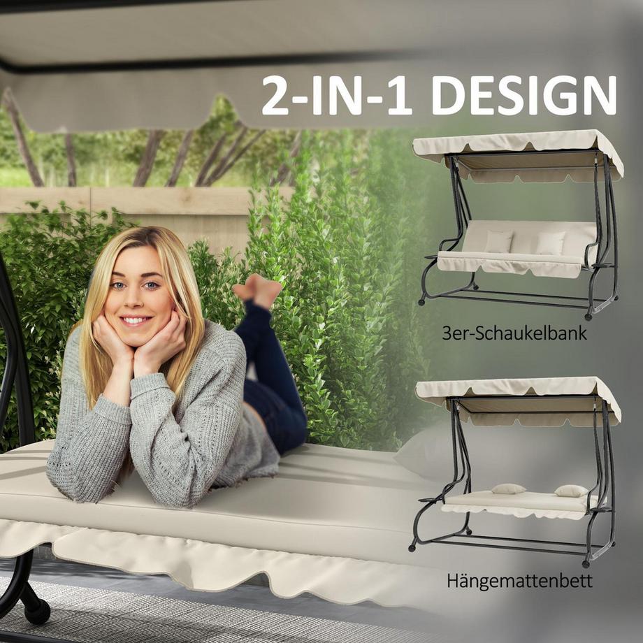 Northio Altalena Hollywood con funzione reclinabile, altalena da giardino a 3 posti con tetto regolabile, tavolino laterale, panca altalena idrorepellente, portata fino a 340 kg, per giardino, 200x120x164 cm, bianco crema  