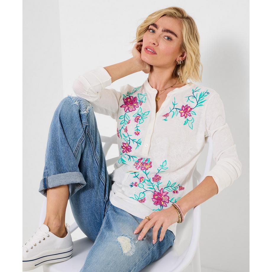 Jersey-Shirt mit Blumenstickerei und Knopfleiste