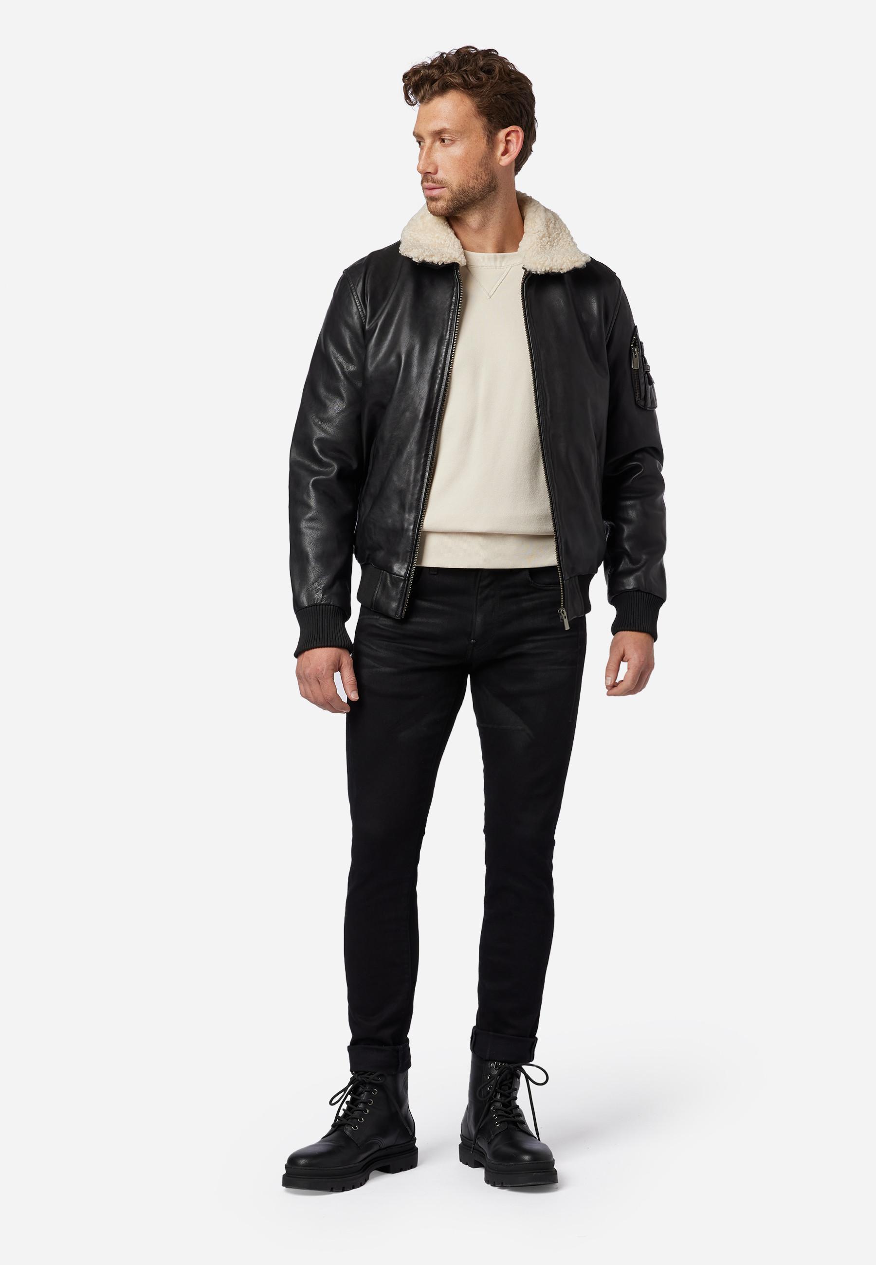 RICANO  Veste en cuir pour hommes M-Bomber - Blouson aviateur avec col en peau de mouton 