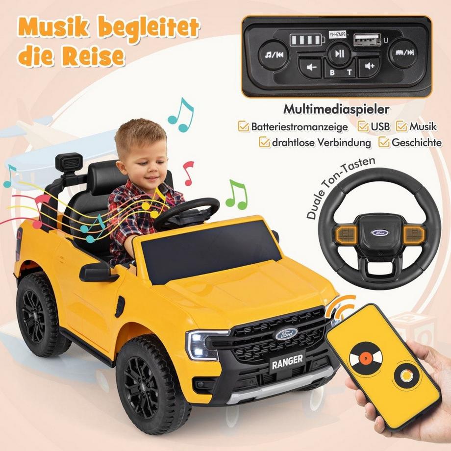 B2X  Kinder Elektroauto Ford 12V Kinderauto Elektro mit Fernbedienung & Ablagekorb & USB & Musik Gelb 