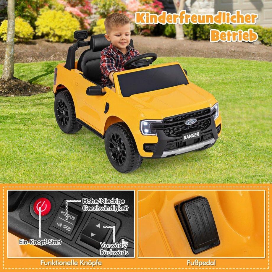B2X  Kinder Elektroauto Ford 12V Kinderauto Elektro mit Fernbedienung & Ablagekorb & USB & Musik Gelb 