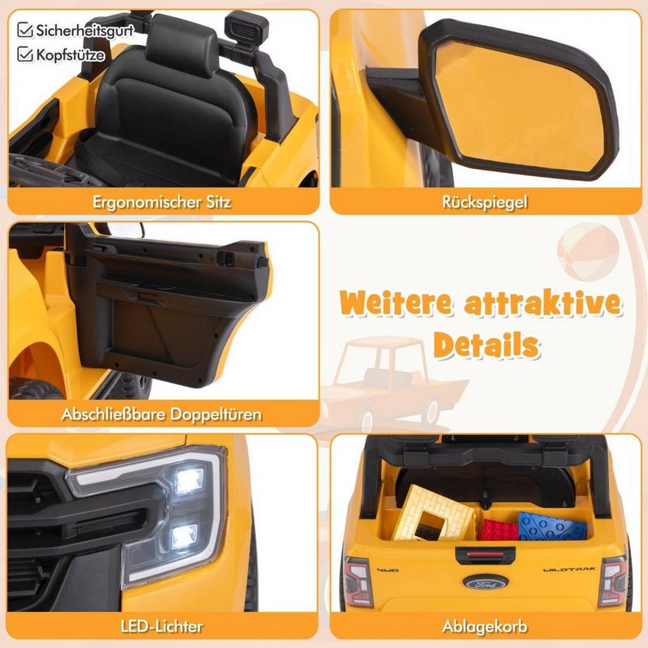 B2X  Kinder Elektroauto Ford 12V Kinderauto Elektro mit Fernbedienung & Ablagekorb & USB & Musik Gelb 