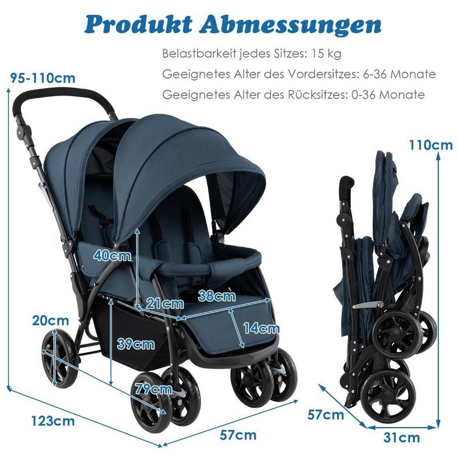 Northix  Poussette double, sièges réglables 
