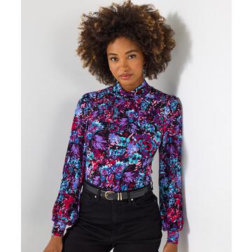 Lebhafter Blumenprint-Jersey-Top mit Stehkragen