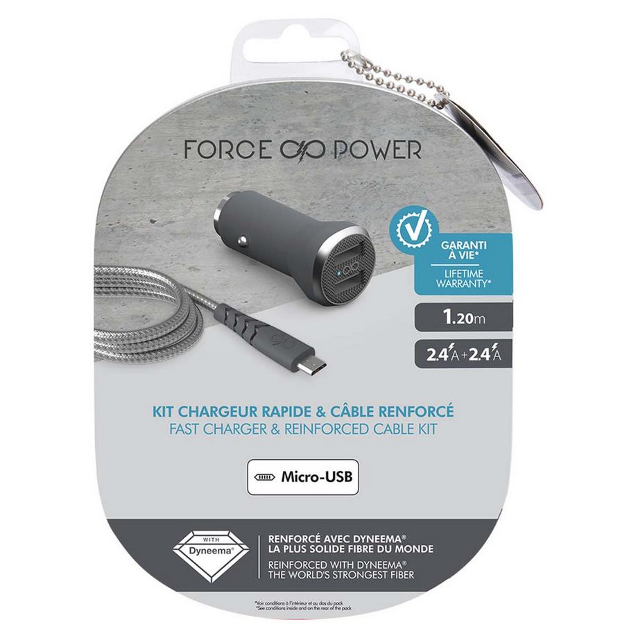 Force Power  4.8A Autoladegerät (2.4+2.4A) IC Smart + verstärktes USB-A / Micro-USB Kabel 