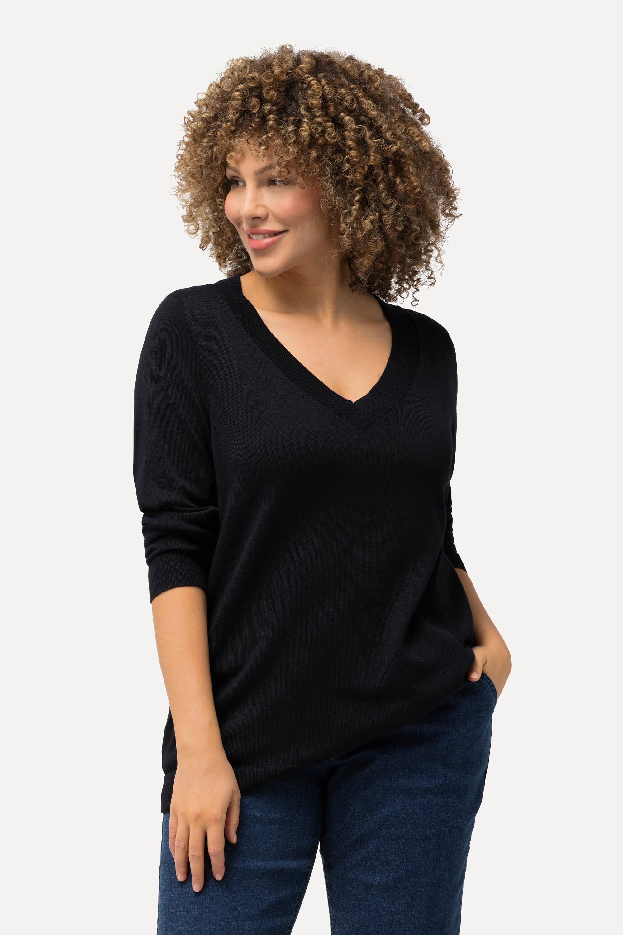 Ulla Popken Pullover V-Ausschnitt Langarm Weicher Feinstrick  