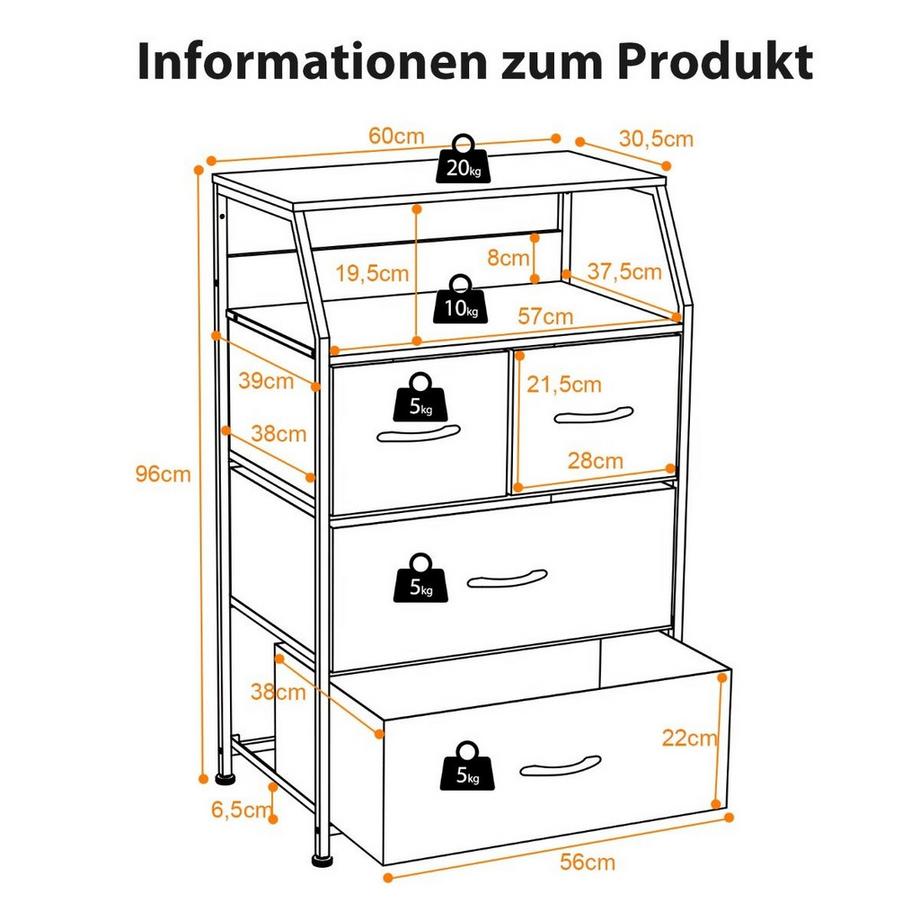 Northix Kommode mit 4 Stoffschubladen  