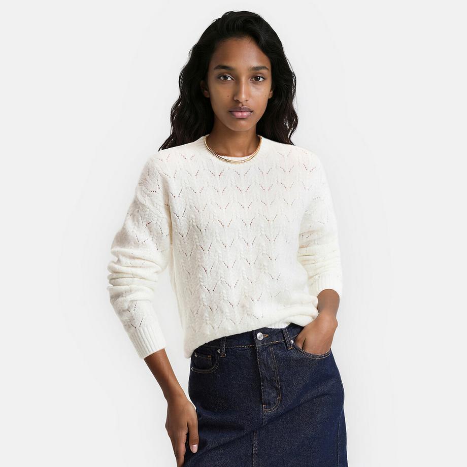 Pull col rond en maille torsadée ajourée