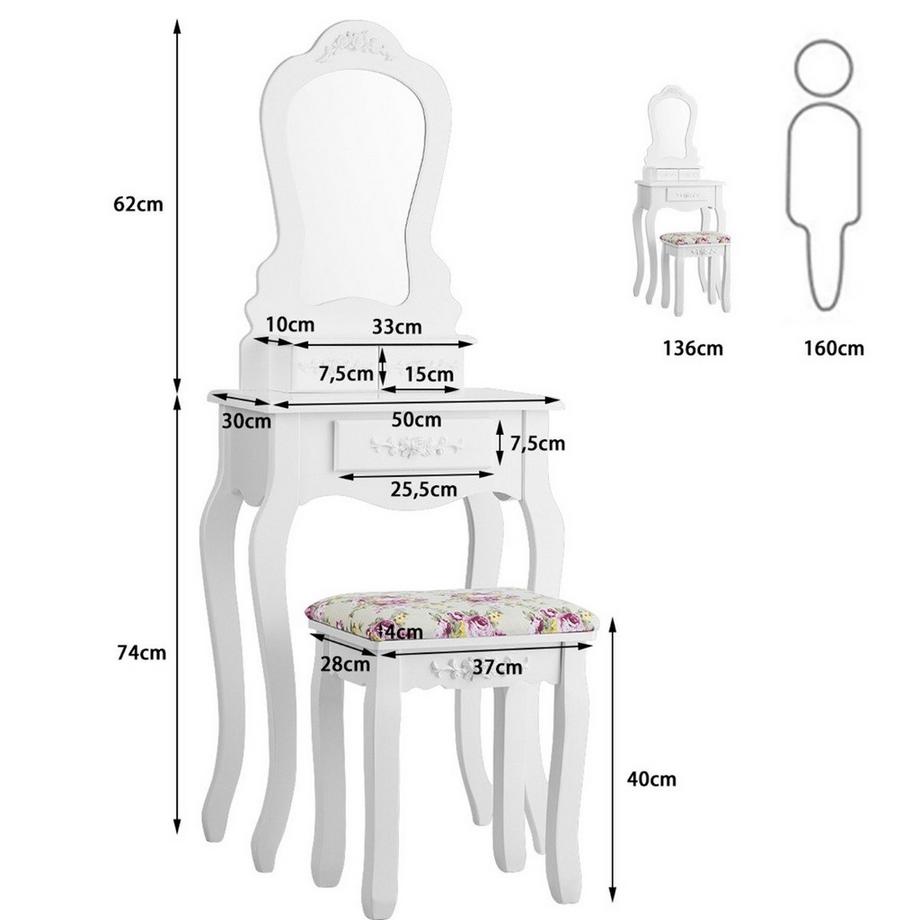 Northix  Coiffeuse, table de toilette, table cosmétique avec miroir 