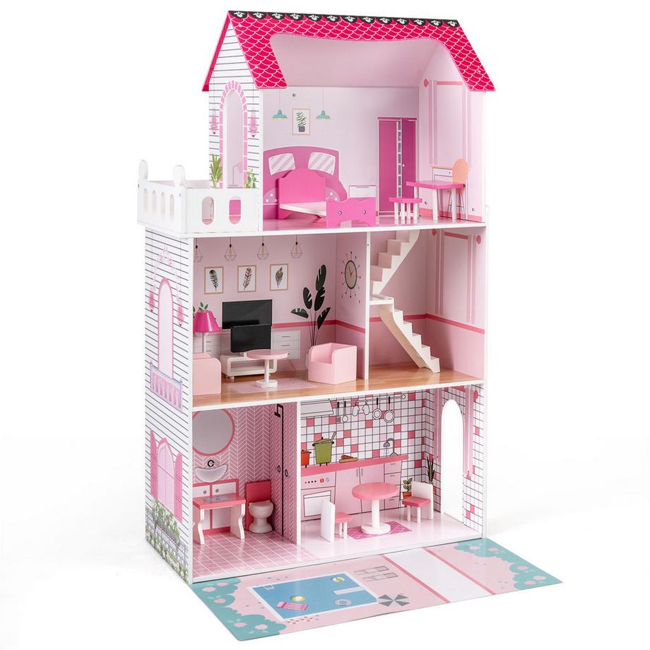 Casa delle bambole in legno con mobili