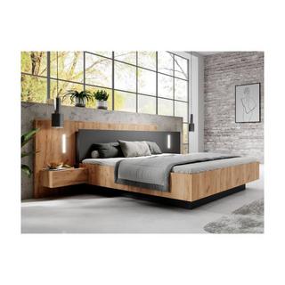 Vente-unique Bett mit Nachttischen + Lattenrost + Matratze  - 160 x 200 cm - 2 Schubladen + LEDs - Holzfarben & Anthrazit - FRANCOLI  