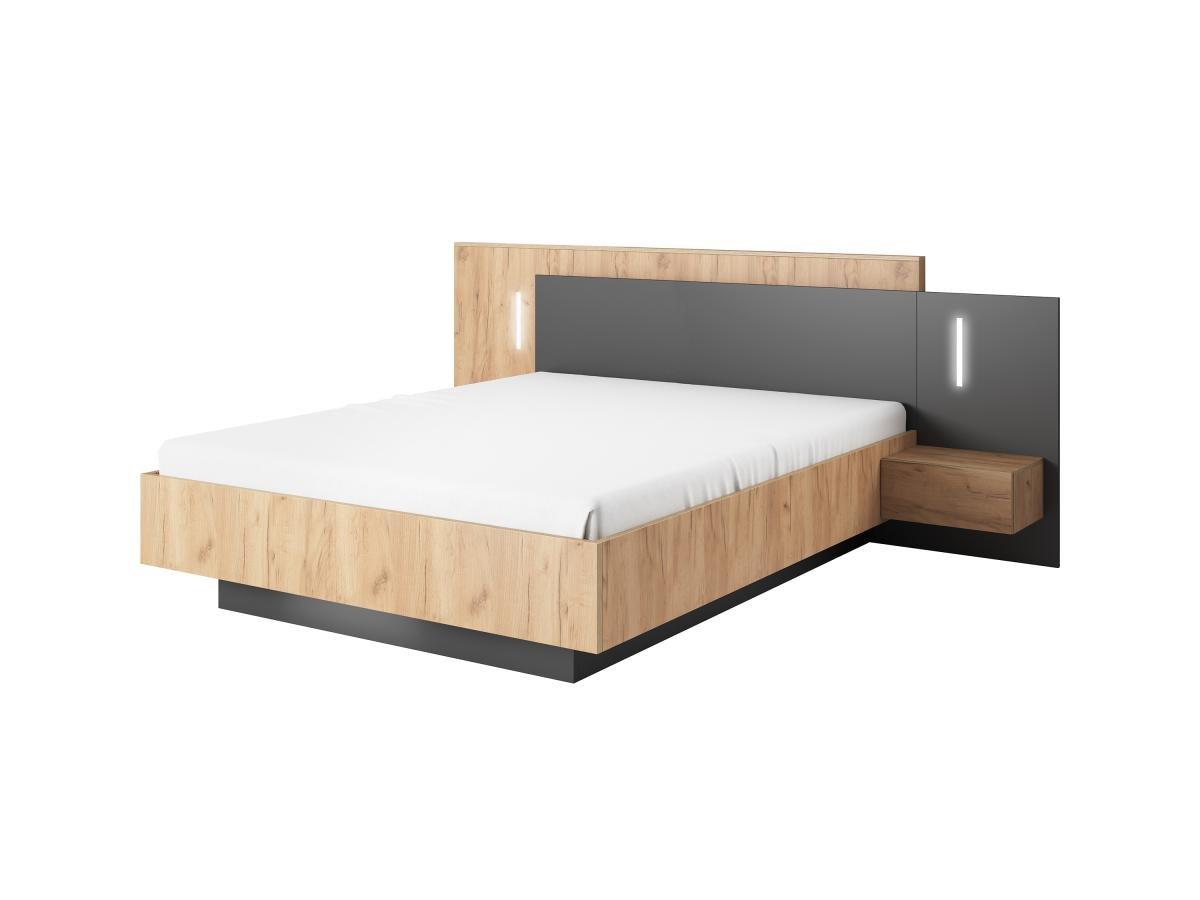 Vente-unique Bett mit Nachttischen + Lattenrost + Matratze  - 160 x 200 cm - 2 Schubladen + LEDs - Holzfarben & Anthrazit - FRANCOLI  