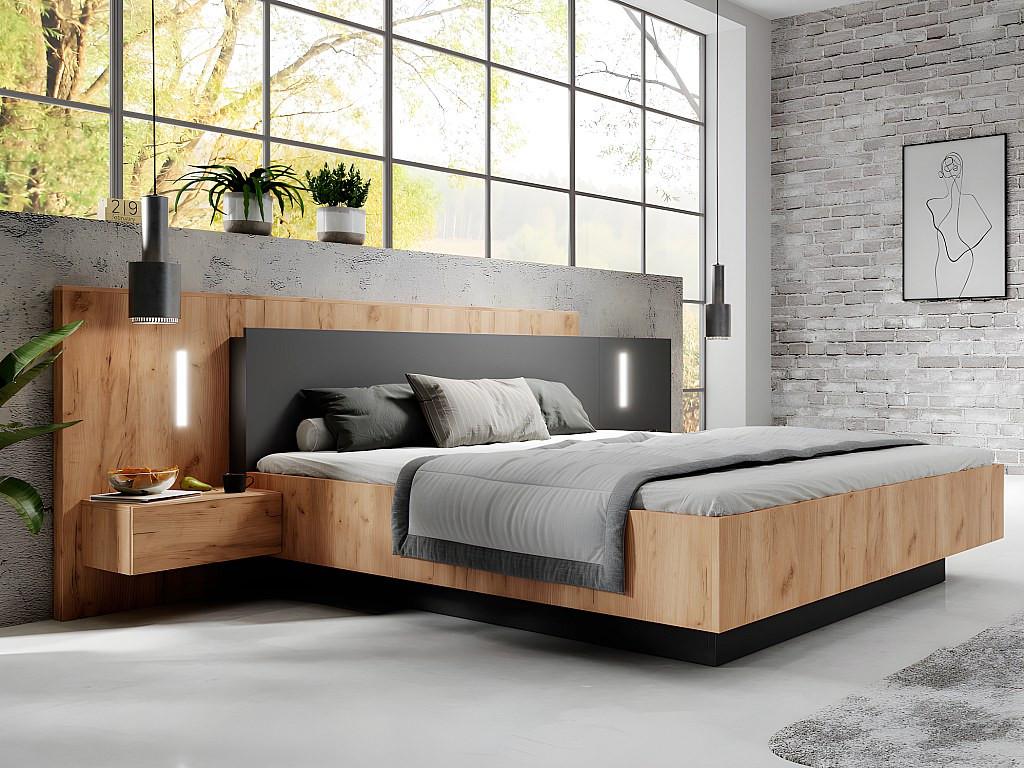 Vente-unique Bett mit Nachttischen + Lattenrost + Matratze  - 160 x 200 cm - 2 Schubladen + LEDs - Holzfarben & Anthrazit - FRANCOLI  