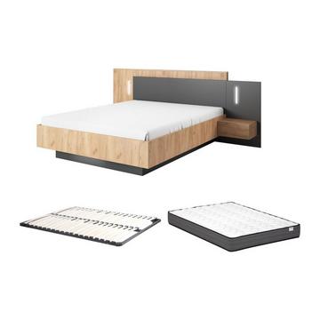 Bett mit Nachttischen + Lattenrost + Matratze  - 160 x 200 cm - 2 Schubladen + LEDs - Holzfarben & Anthrazit - FRANCOLI