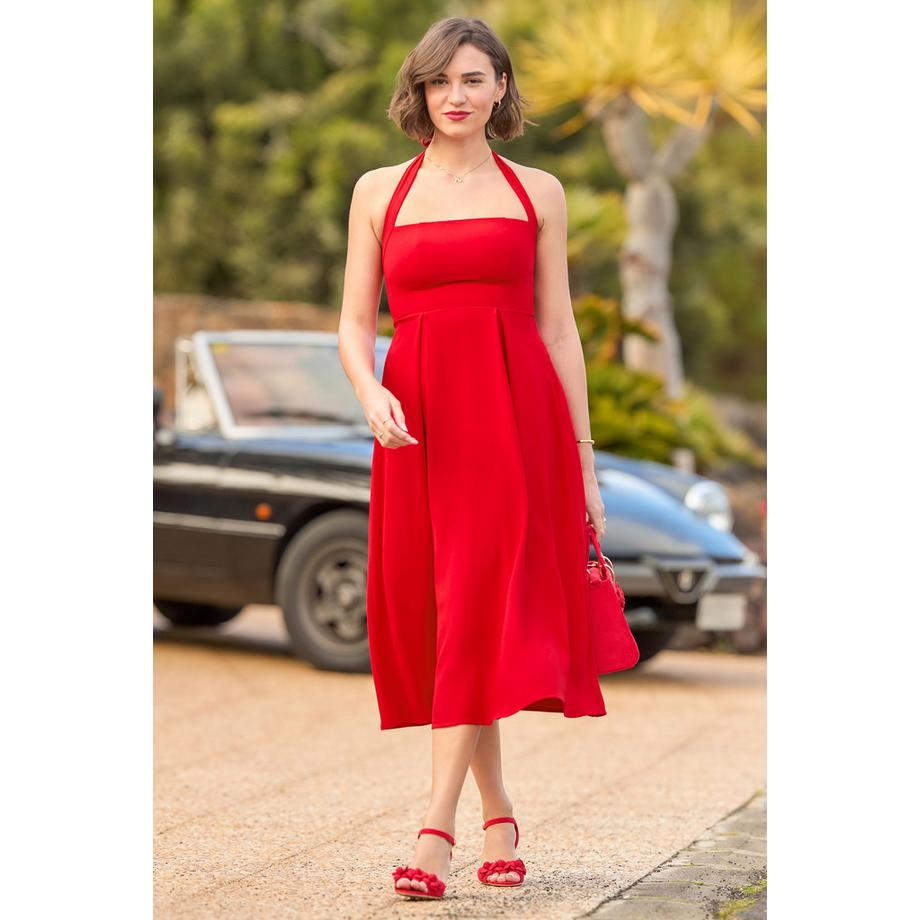 Robe Midi Licou avec Jupe Plissée