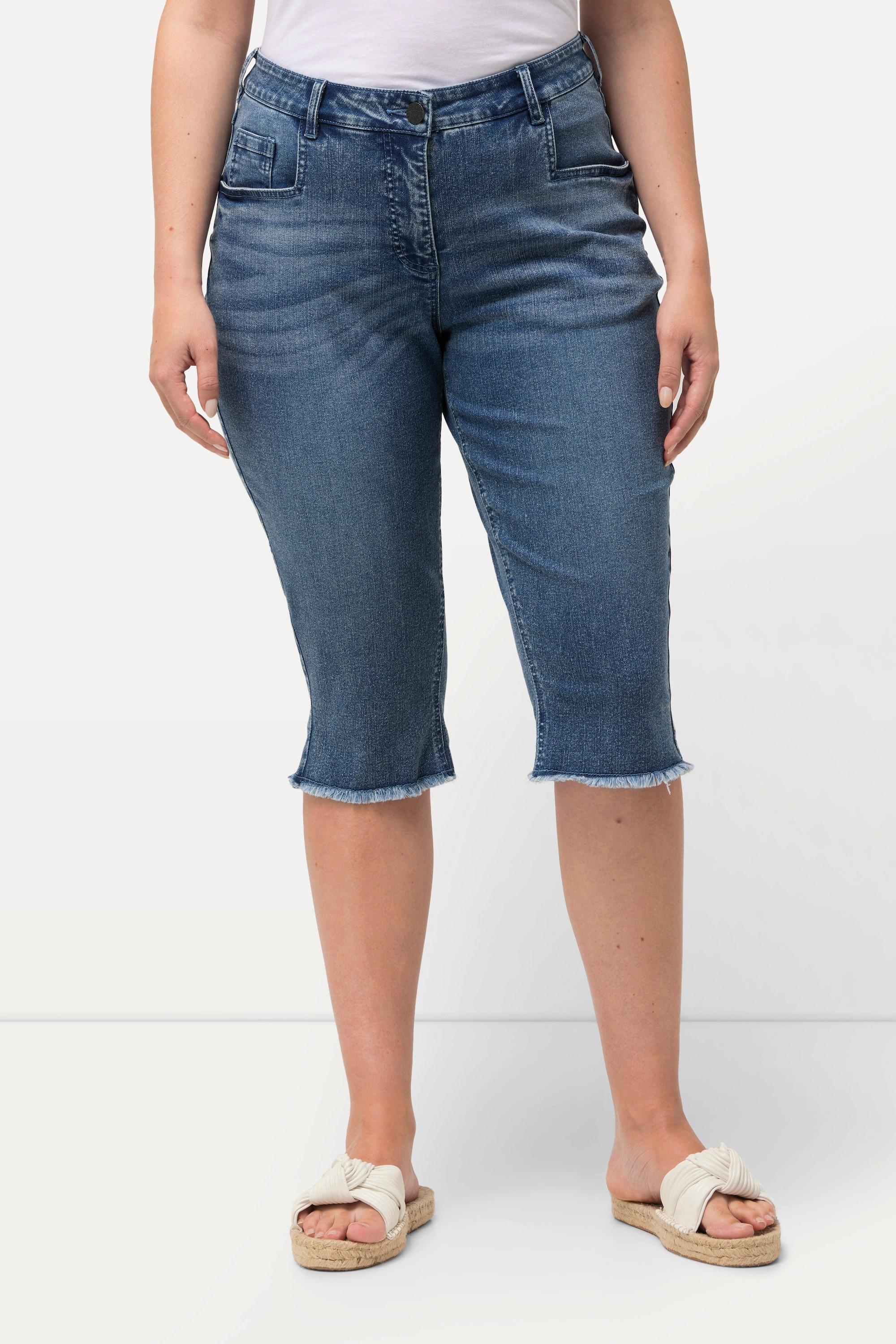 Ulla Popken  Boyfriend-Jeanscapri, Fransensaum, weites Bein 