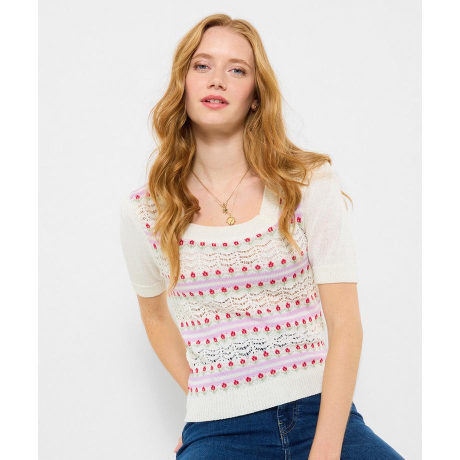 Pull à manches courtes avec encolure carrée et motifs floraux