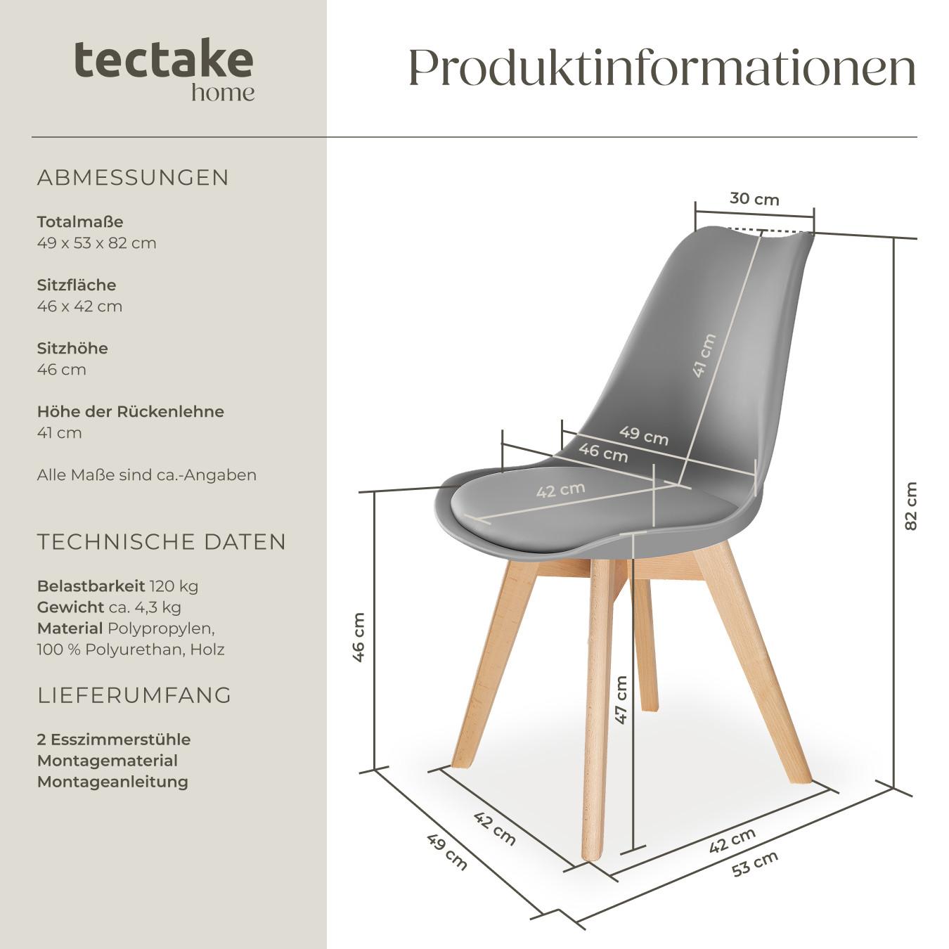 Tectake Set Esszimmerstuhl Frederikke Scandi-Design gepolsterte Sitzfläche, ergonomische Form  