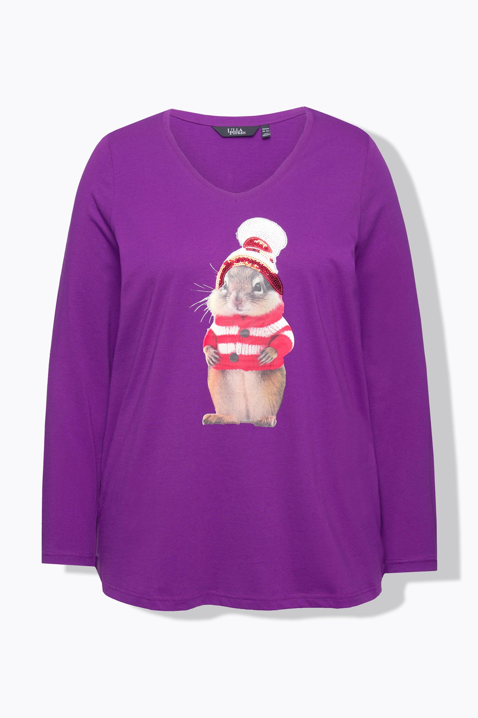 Ulla Popken  Weihnachtsshirt, Eichhörnchen, V-Ausschnitt, Langarm 