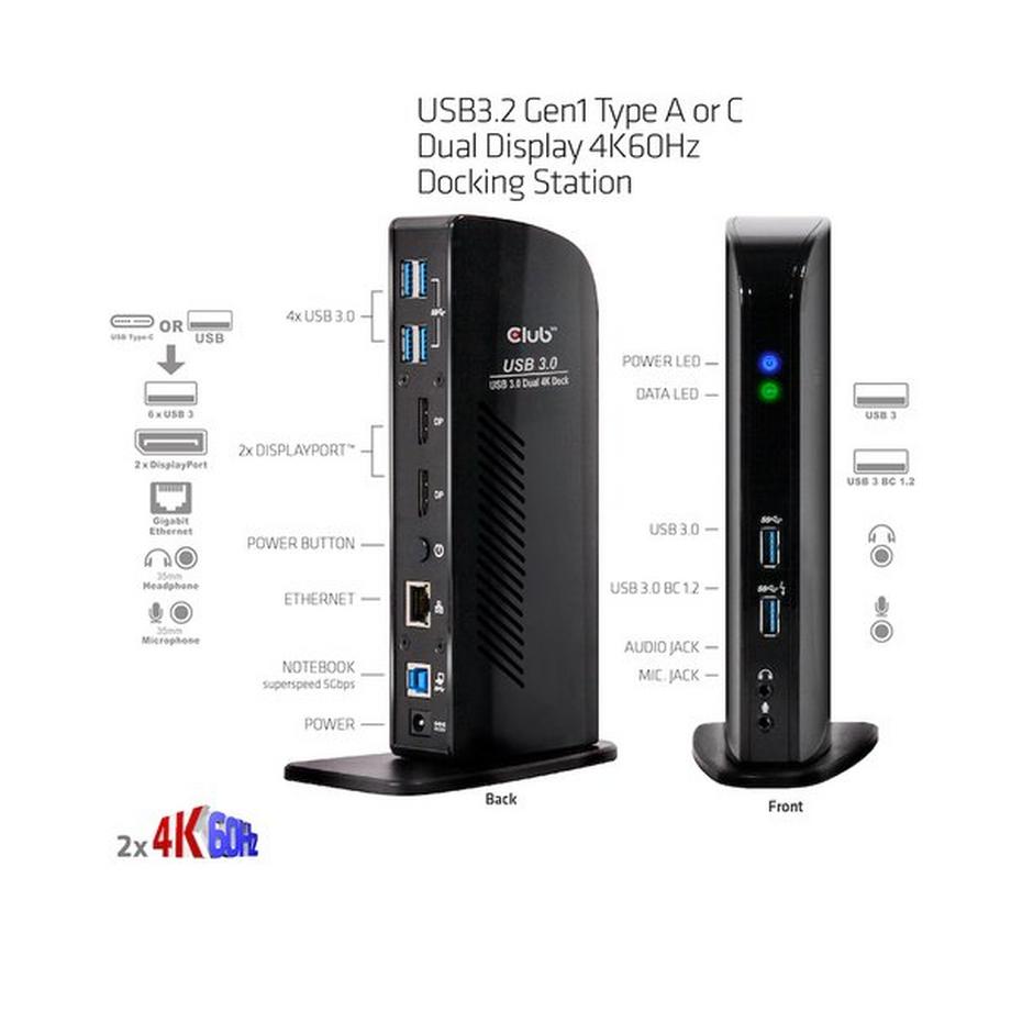 Club3D  USB3.2 Gen1 Type A or C Dual Display 4K60Hz Docking Station DisplayLink® Certified 