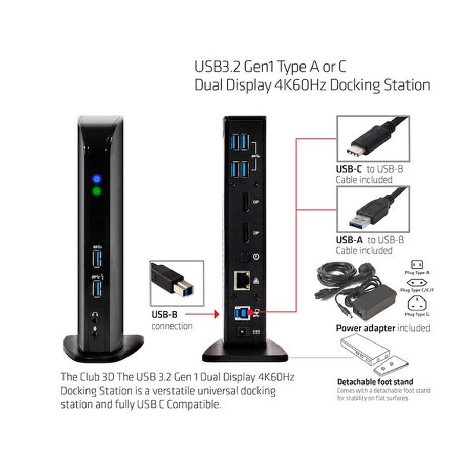 Club3D  USB3.2 Gen1 Type A or C Dual Display 4K60Hz Docking Station DisplayLink® Certified 