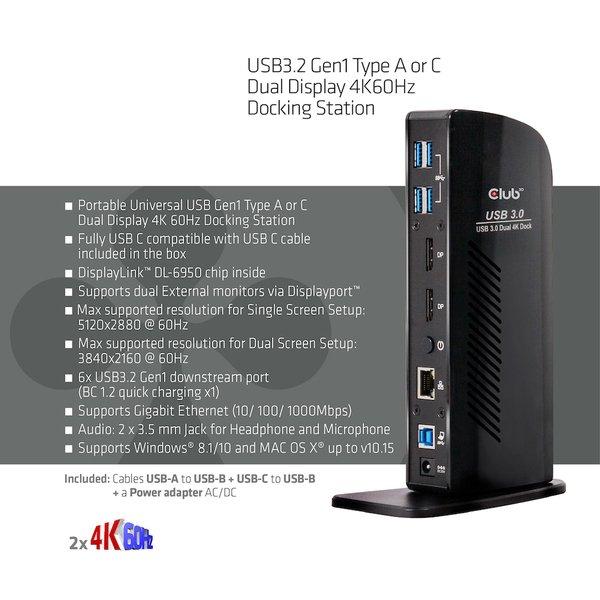 Club3D  USB3.2 Gen1 Type A or C Dual Display 4K60Hz Docking Station DisplayLink® Certified 