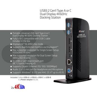 Club3D  USB3.2 Gen1 Type A or C Dual Display 4K60Hz Docking Station DisplayLink® Certified 