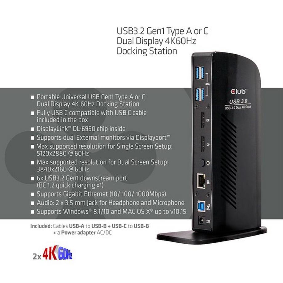 Club3D  USB3.2 Gen1 Type A or C Dual Display 4K60Hz Docking Station DisplayLink® Certified 