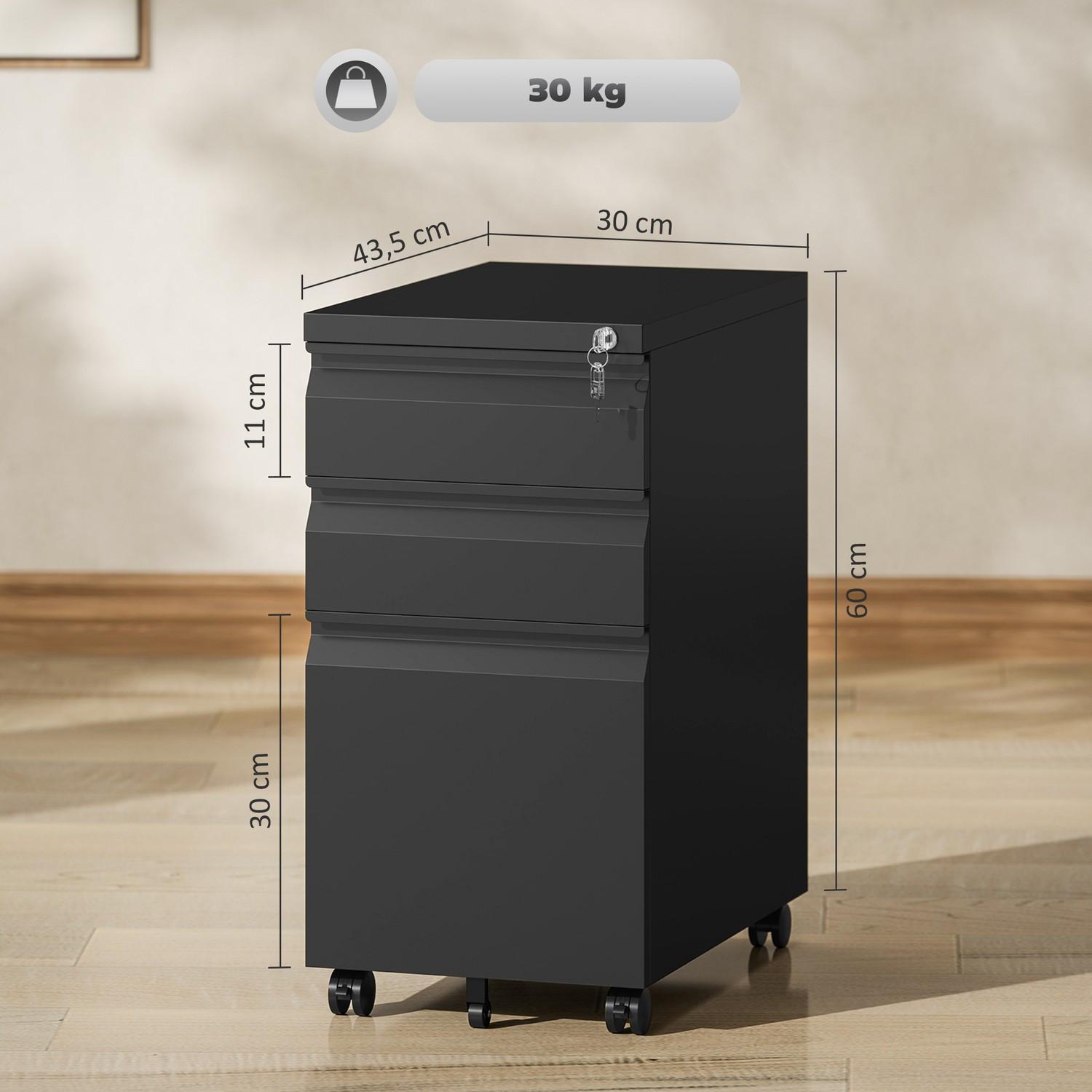 Northio Rollcontainer mit 3 Schubladen mobiler Aktenschrank mit Rollen abschließbar Büroschrank mit Hängeregistratur, Stiftablage für Büro, Homeoffice, 30 x 43,5 x 60 cm, Schwarz |  