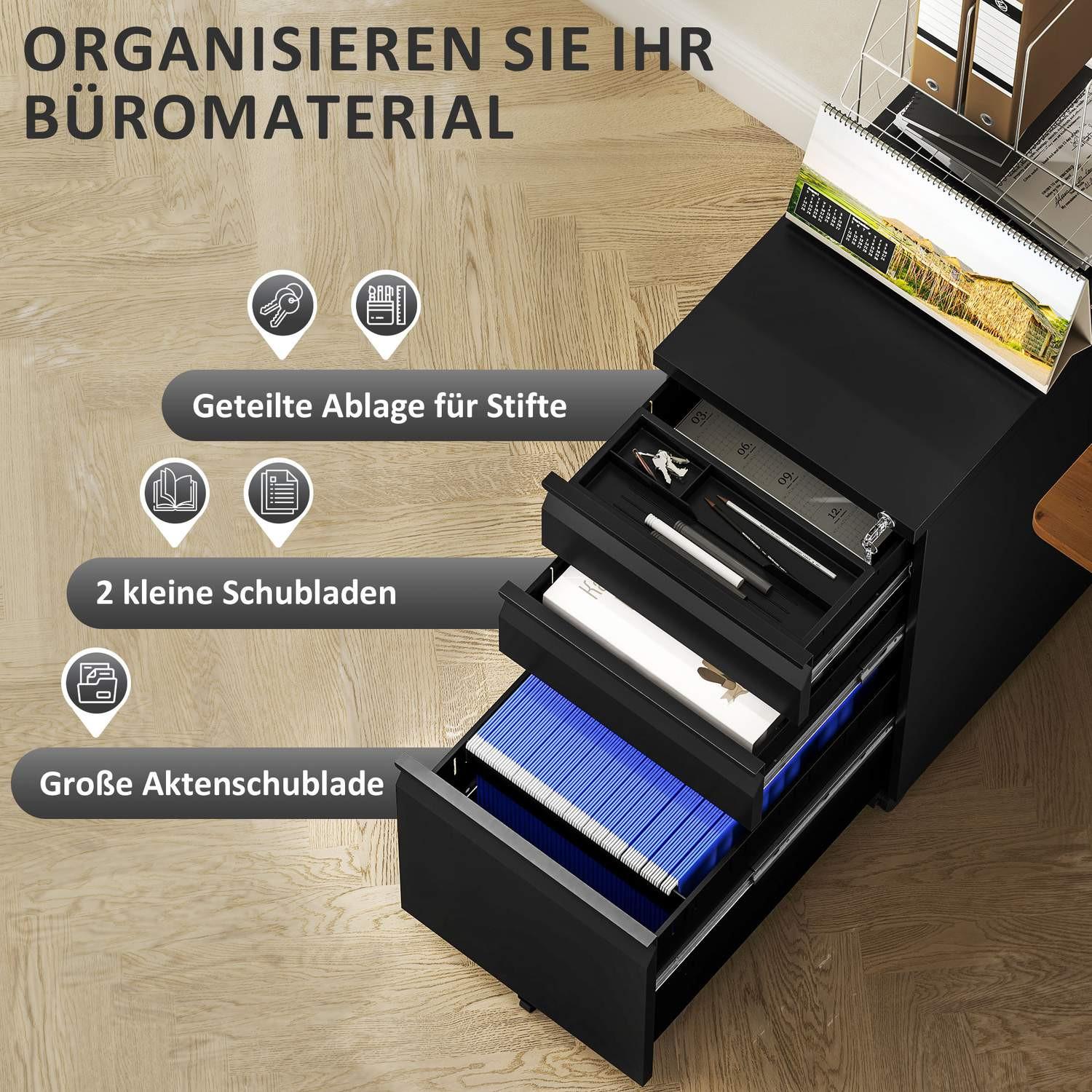 Northio Rollcontainer mit 3 Schubladen mobiler Aktenschrank mit Rollen abschließbar Büroschrank mit Hängeregistratur, Stiftablage für Büro, Homeoffice, 30 x 43,5 x 60 cm, Schwarz |  