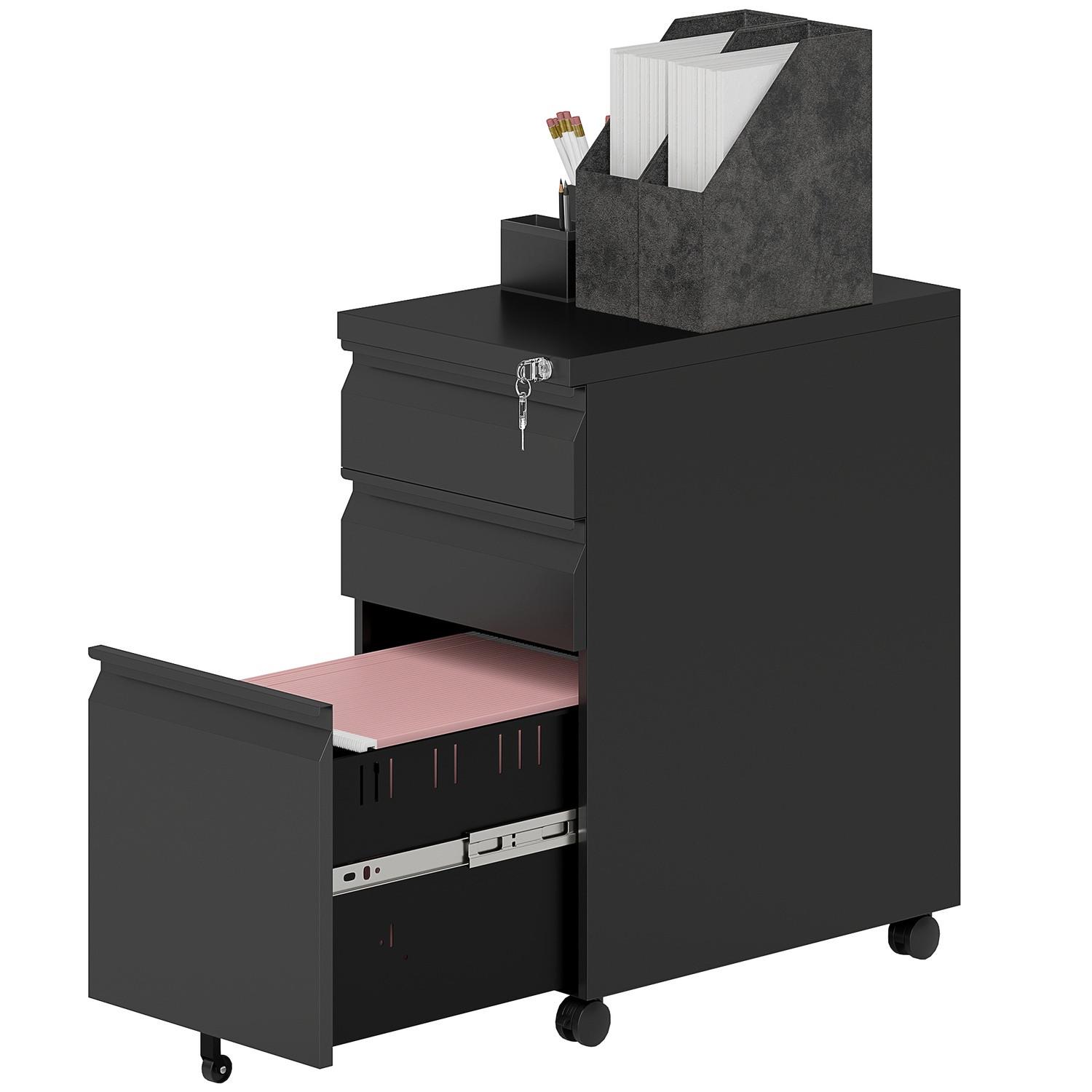 Northio Rollcontainer mit 3 Schubladen mobiler Aktenschrank mit Rollen abschließbar Büroschrank mit Hängeregistratur, Stiftablage für Büro, Homeoffice, 30 x 43,5 x 60 cm, Schwarz |  