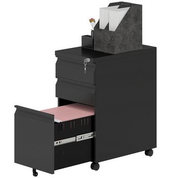 Rollcontainer mit 3 Schubladen mobiler Aktenschrank mit Rollen abschließbar Büroschrank mit Hängeregistratur, Stiftablage für Büro, Homeoffice, 30 x 43,5 x 60 cm, Schwarz |