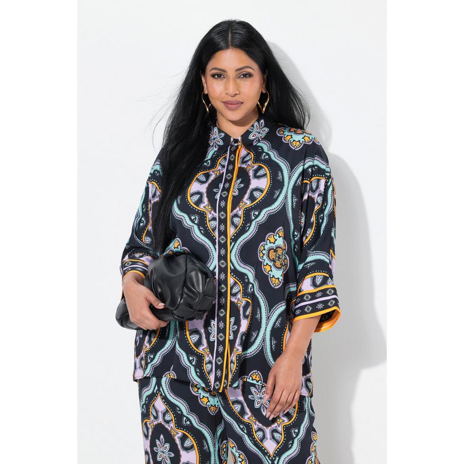 Ulla Popken Blusa Oversize Ornamentale Collo Camicia Maniche 3/4  
