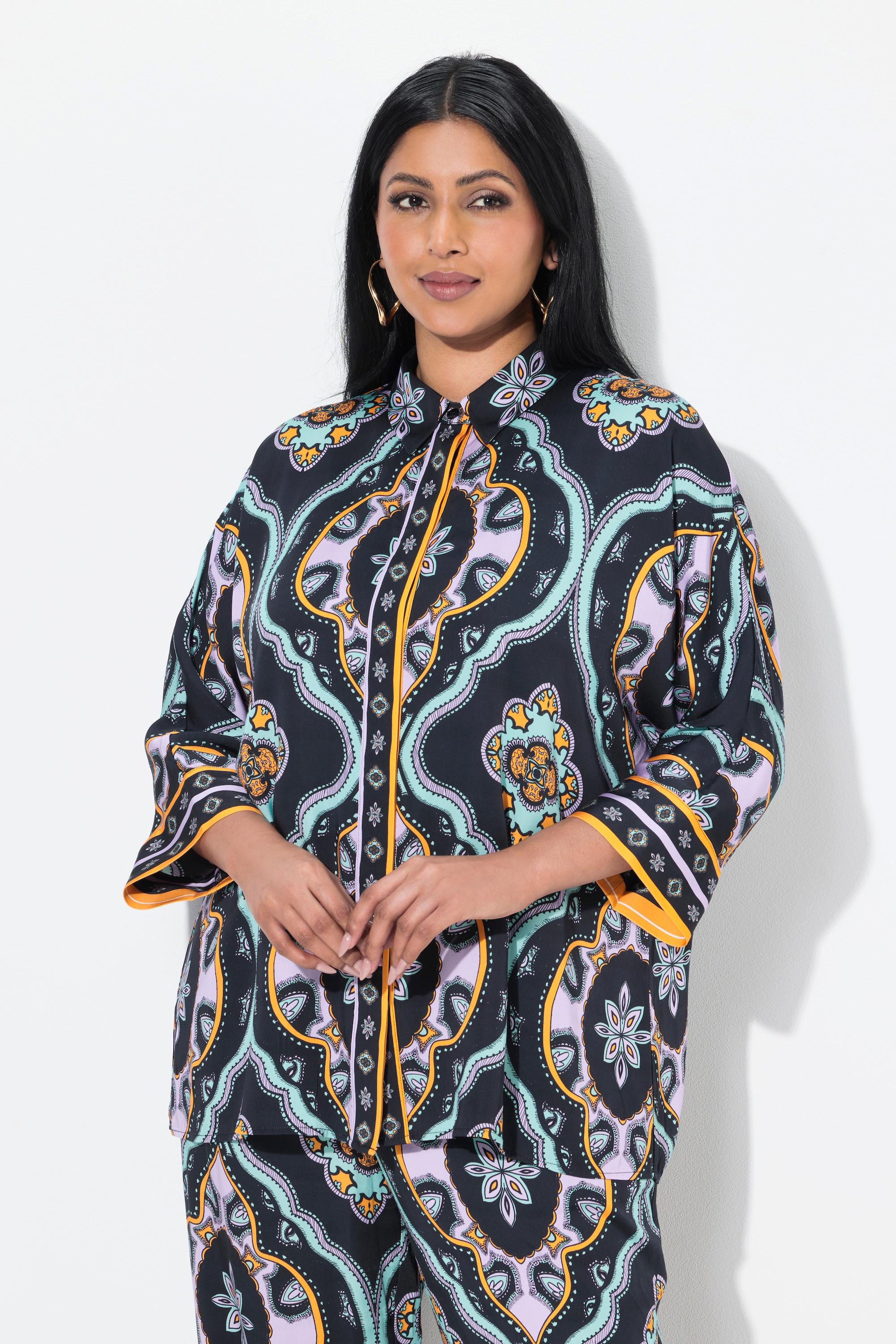 Ulla Popken  Bluse, Ornamente, oversized, Hemdkragen, 3/4-Arm 