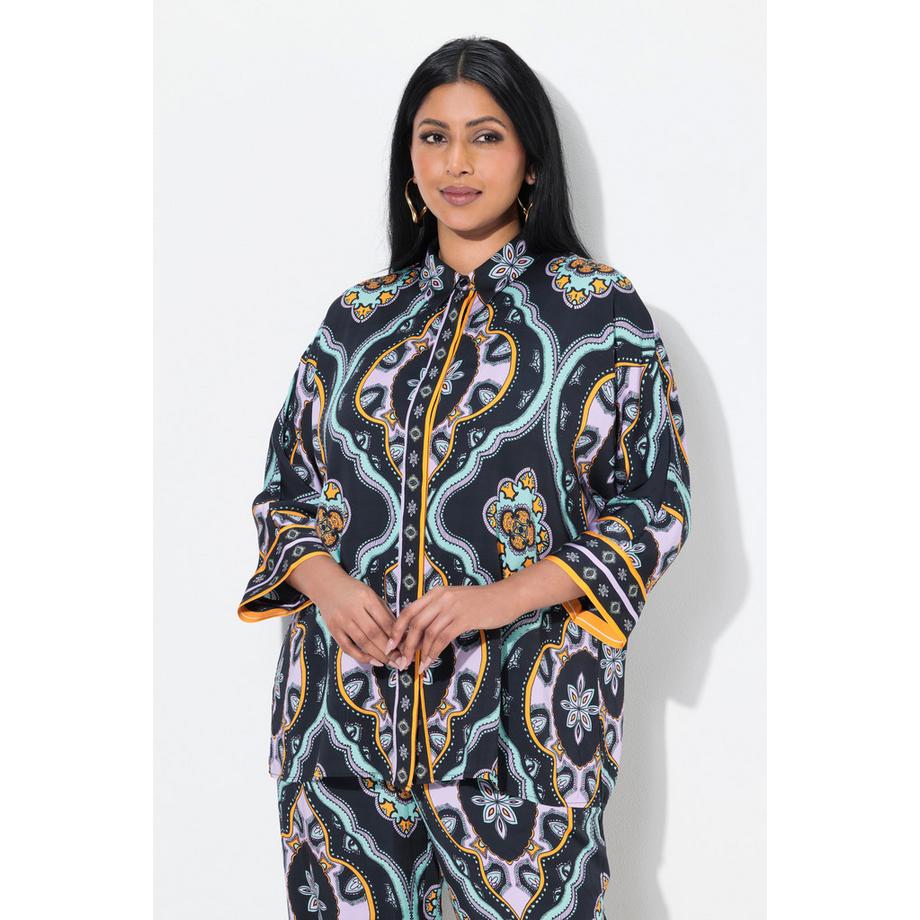 Ulla Popken Blusa Oversize Ornamentale Collo Camicia Maniche 3/4  
