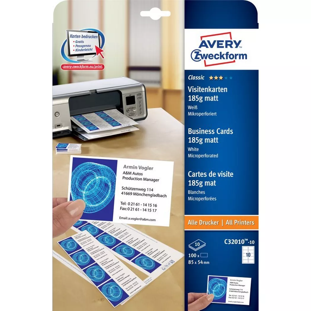 AVERY ZWECKFORM Cartes de visite unversel A4 C32010-10 200g mat 10 feuilles