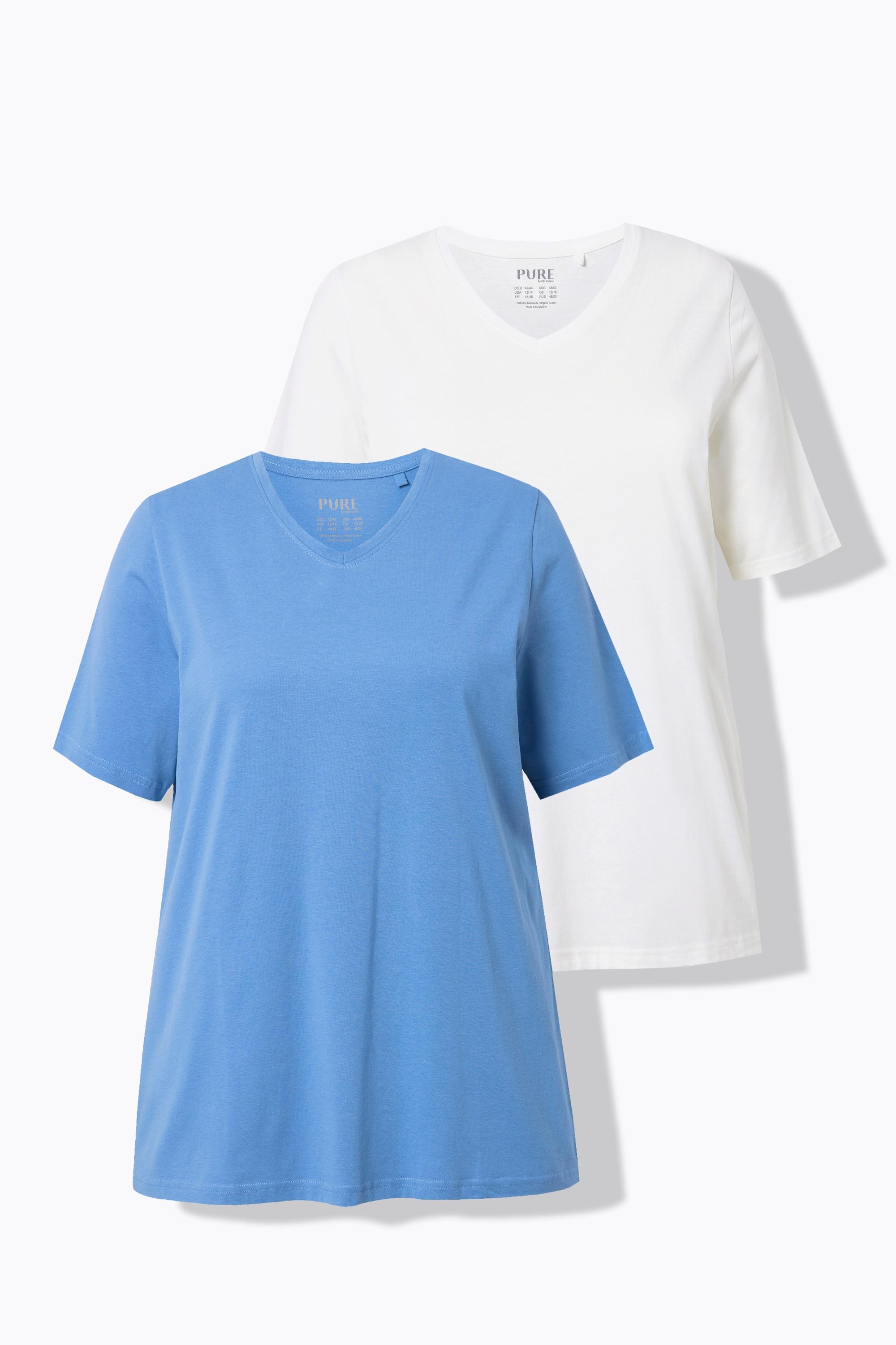 Ulla Popken  T-shirts en coton bio. Col en V et manches courtes. Lot de 2. 