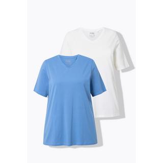 Ulla Popken  T-shirts en coton bio. Col en V et manches courtes. Lot de 2. 