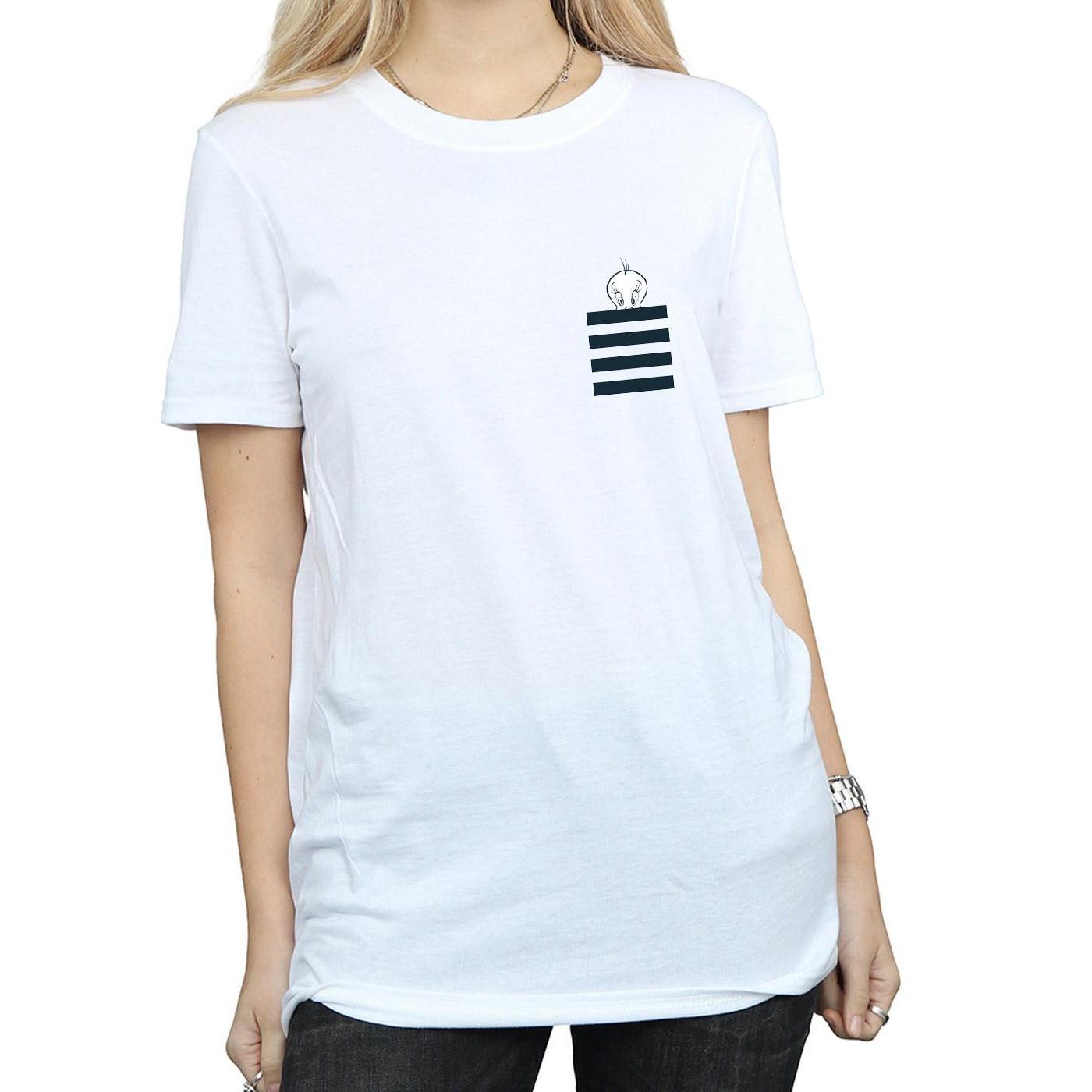 LOONEY TUNES Tweety Pie T-Shirt Rayé Fausse Poche  