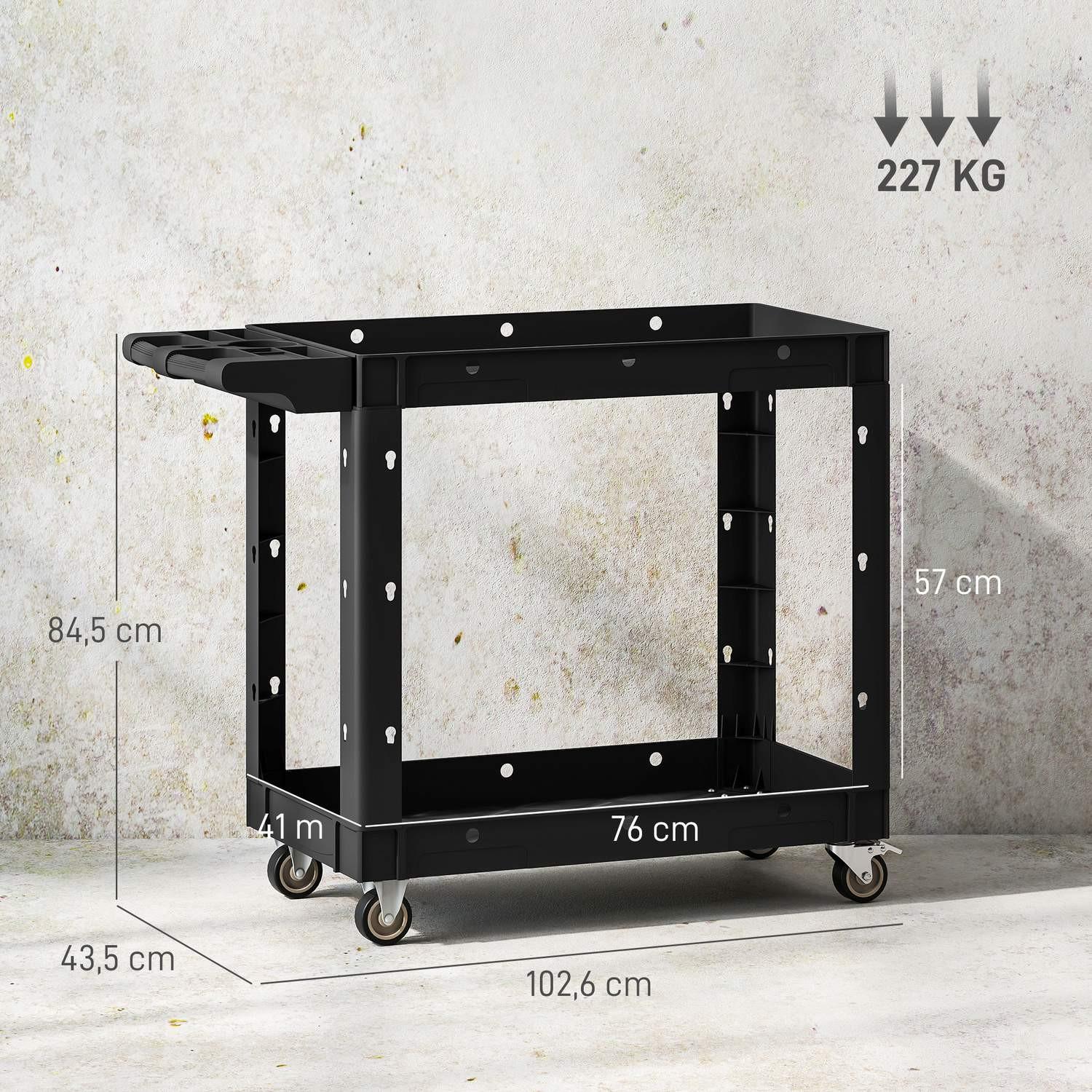Northio Chariot à outils, étagères à 2 niveaux, poignée, roulettes, plastique, noir  